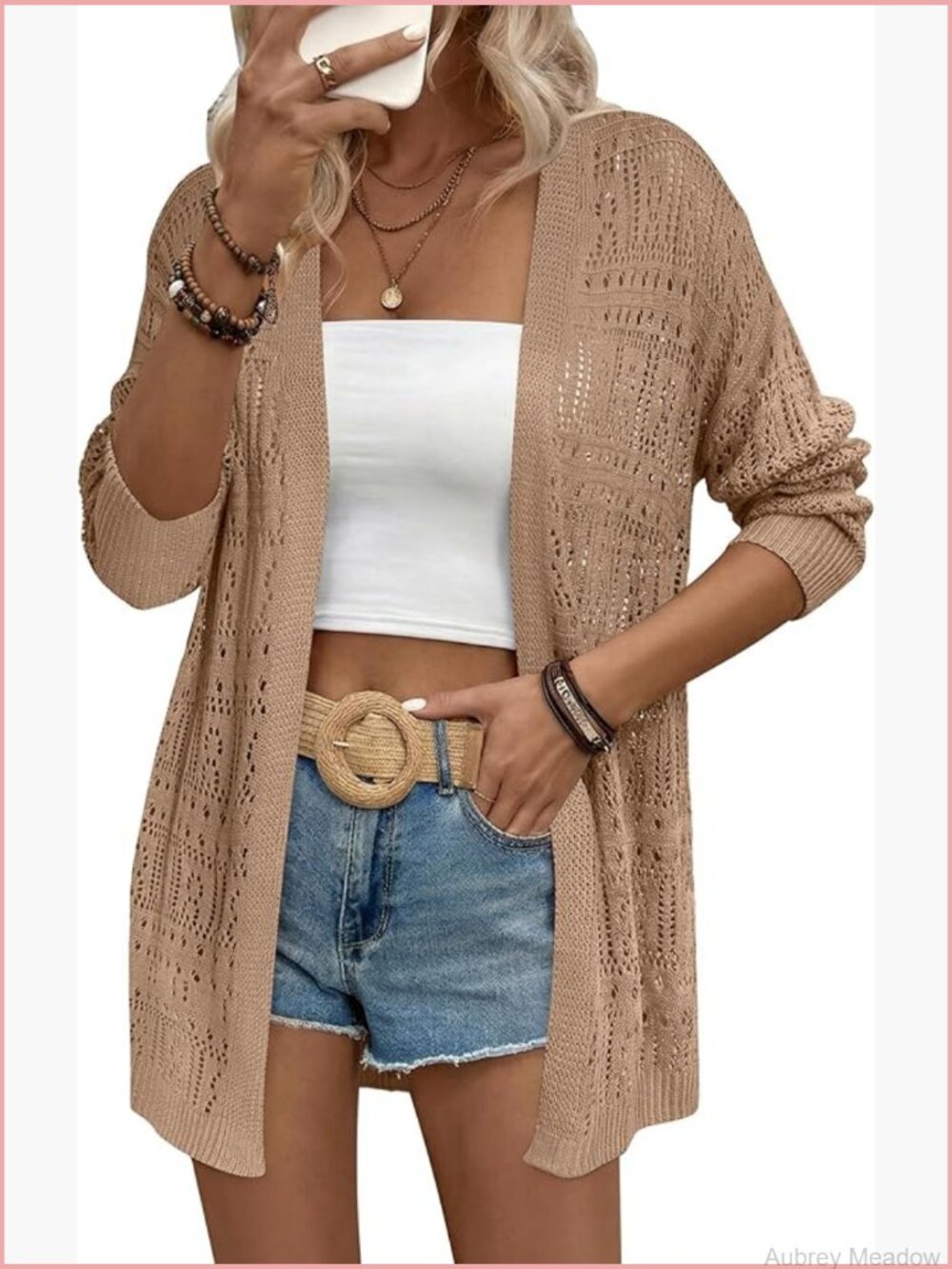 Crochet Knit Cardigan Lightweight Boho Long Sleeve Open Front - Picture 1 of 7